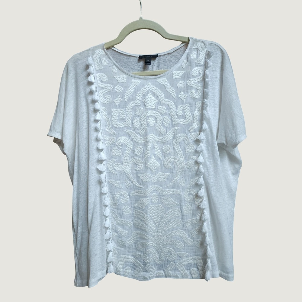 J.Crew 100% Linen Top Women S/M White Embroidered Boho Coastal Relaxed Blouse